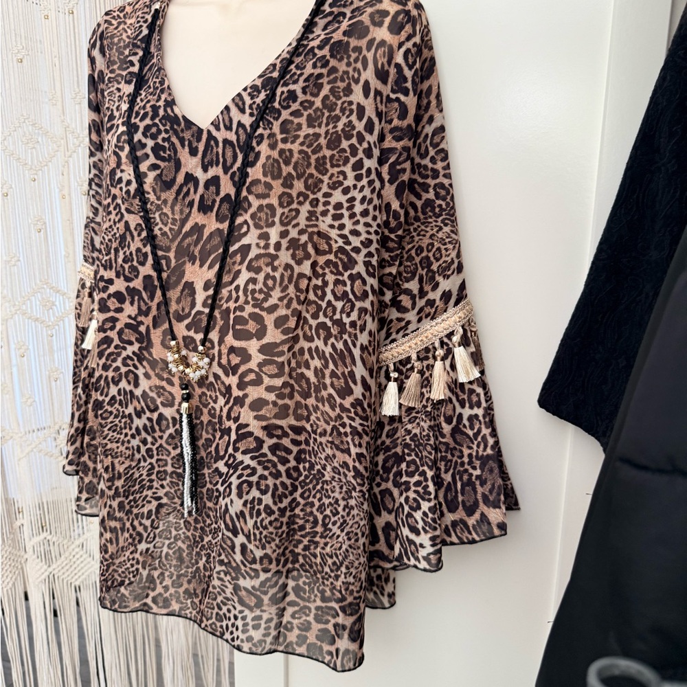 Leopard Print V-Neck Sheer Tunic Top - Brown